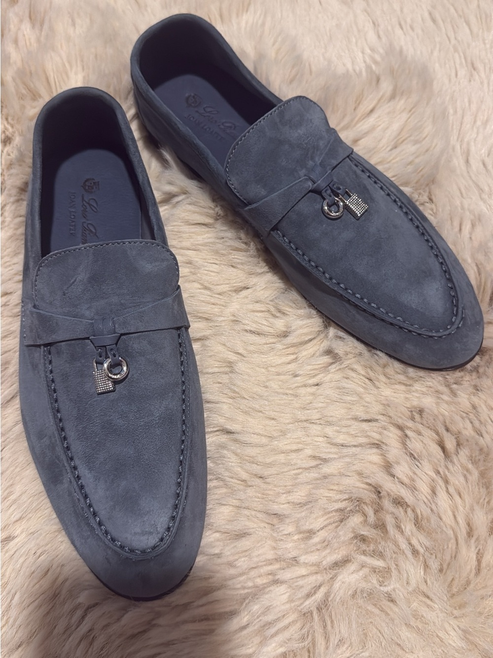 Loro Piana Grey Suede Loafers with Metal Charm